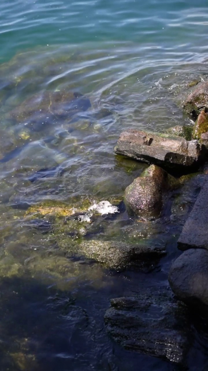 多岩石的海滨，海水平静清澈视频素材