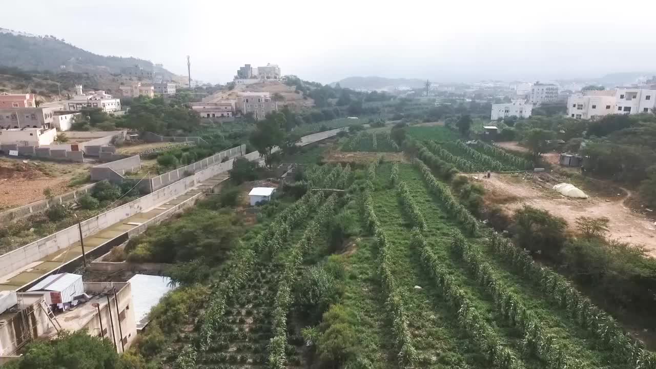 无人机鸟瞰沙特阿拉伯北部美丽的山谷、田野、通道和城市视频素材