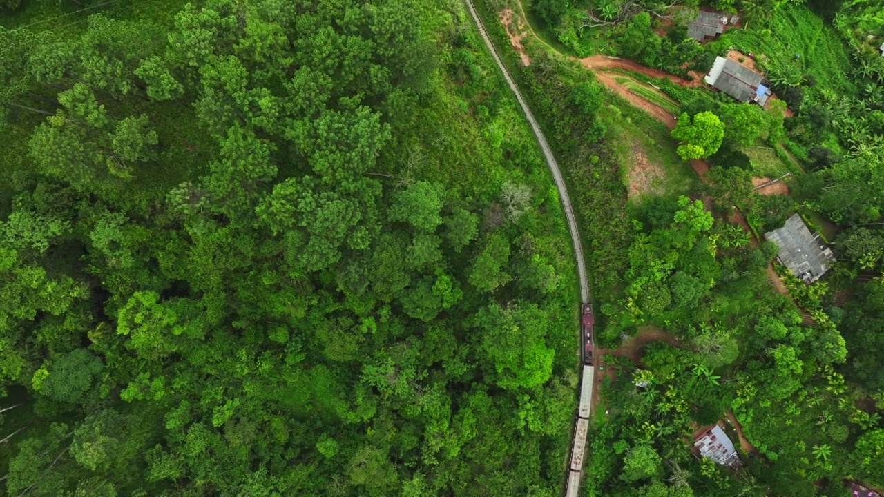 航拍的旅客列车在铁路上移动，通过森林地区在斯里兰卡视频素材