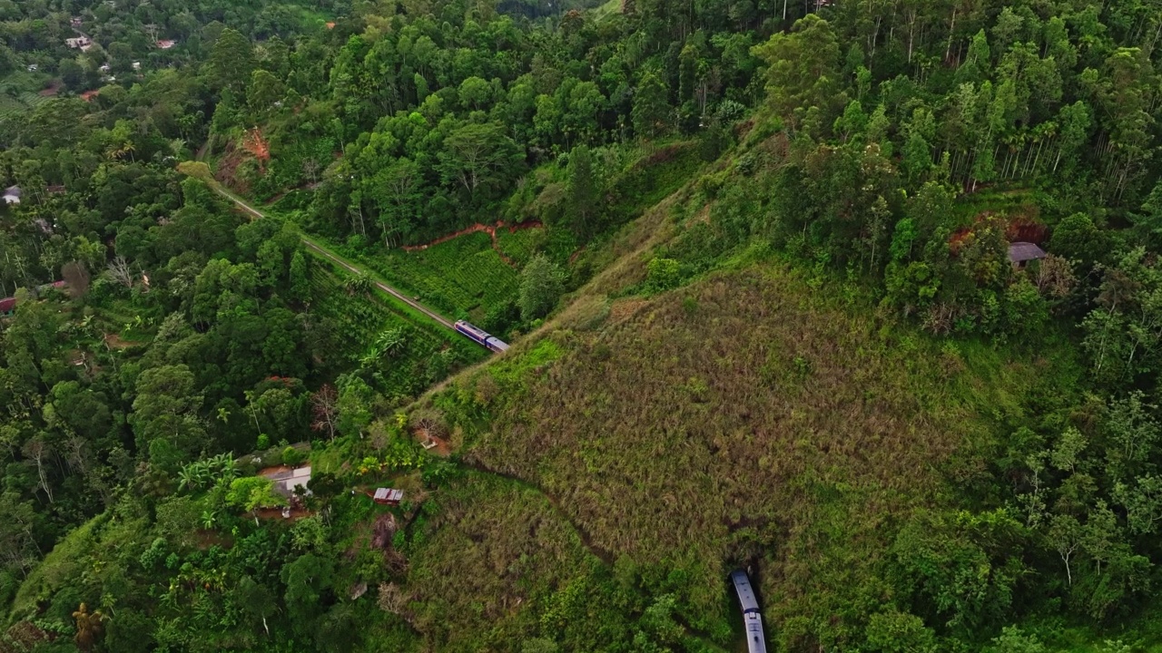 航拍的旅客列车在铁路上移动，通过森林地区在斯里兰卡视频素材