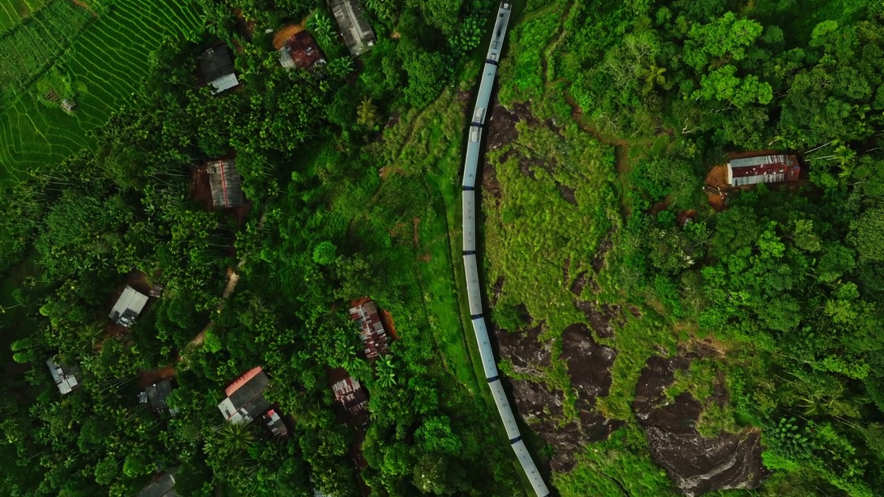 航拍的旅客列车在铁路上移动，通过森林地区在斯里兰卡视频素材