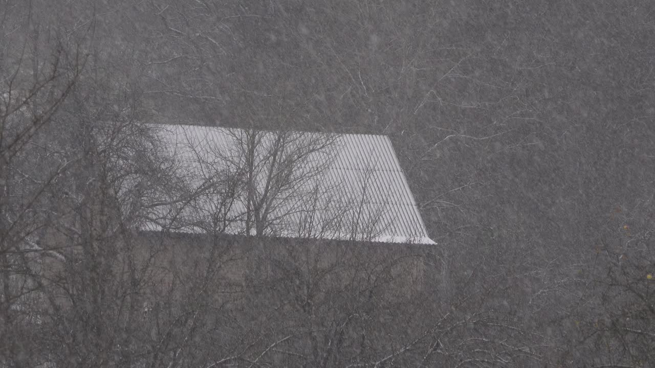 雪花落在森林中一所废弃的房子的背景上。视频素材