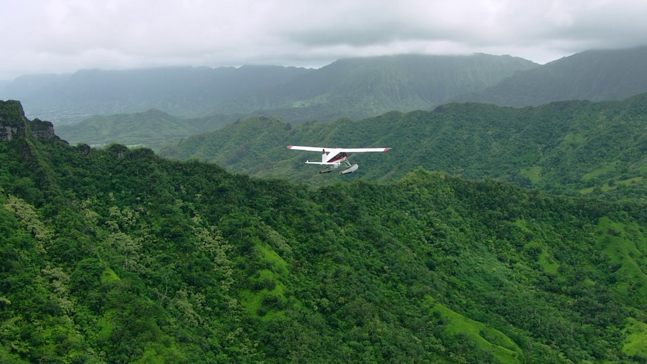 MS Aerial TS De Havilland海狸水上飞机飞越Kualoa牧场/ Kualoa，夏威夷视频素材