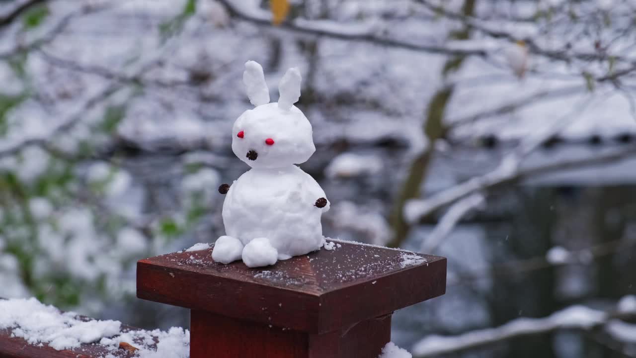 小孩在城市公园做的兔子雪雕视频素材