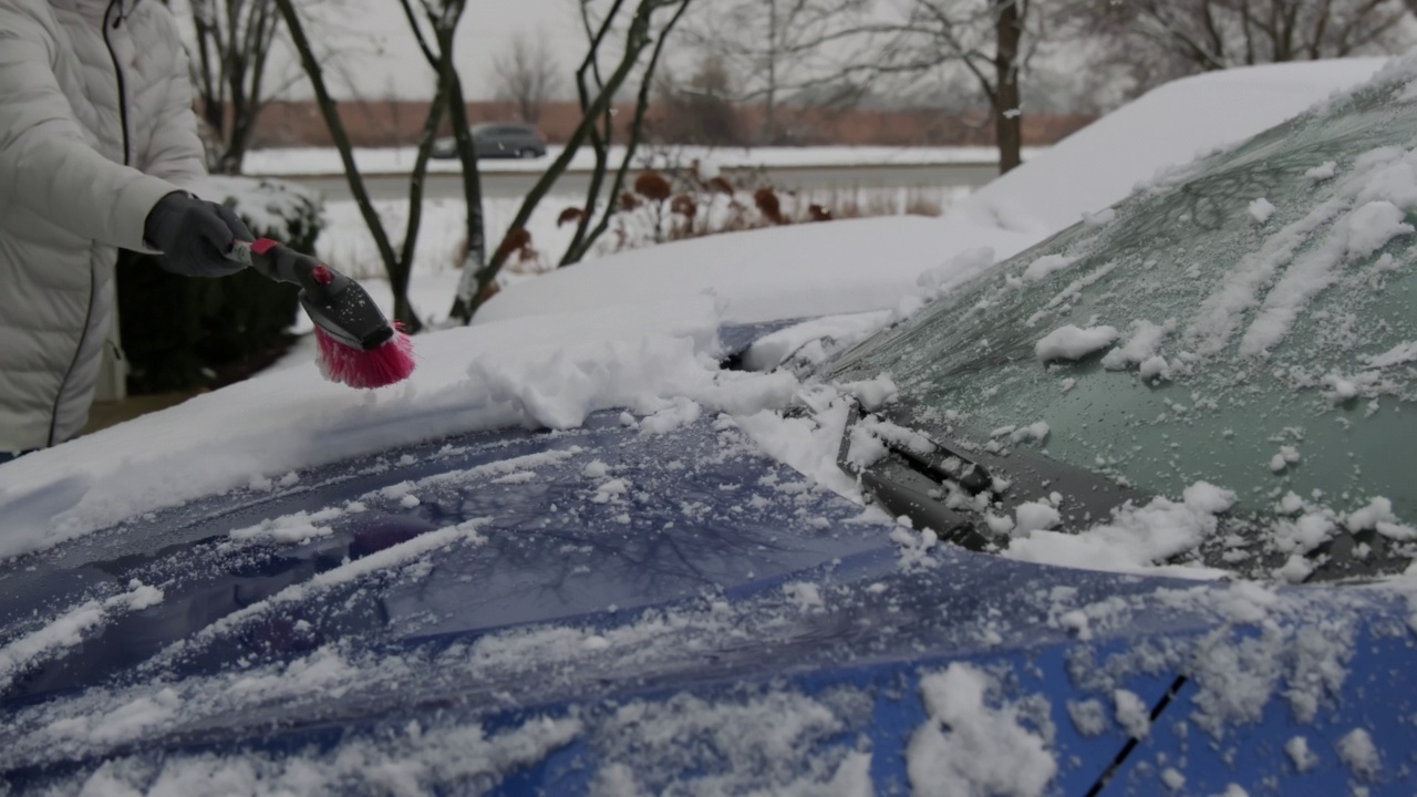 女子在降雪后清洁蓝色的汽车。视频素材