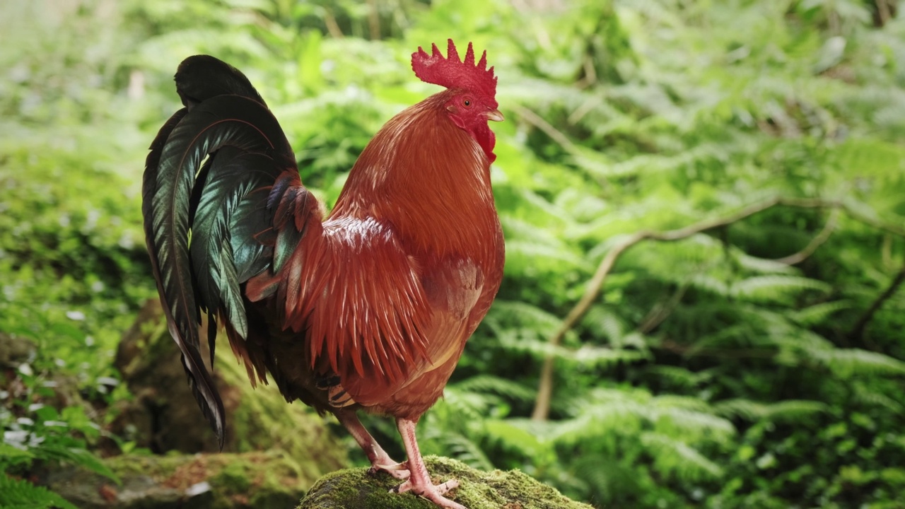 在葡萄牙亚速尔岛的Ilha de Sao Miguel，野生森林中绿色灌木丛中的一只公鸡视频素材