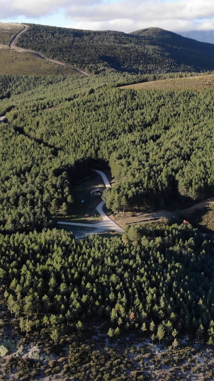 一架无人机飞越被道路穿过的森林的空中垂直镜头。在森林的中央有一个登山运动员的避难所。无人机飞越高山和森林的航拍照片。视频素材