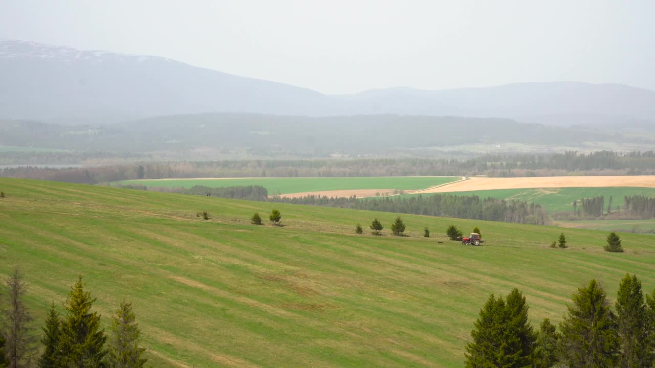 一辆拖拉机穿过田野的乡村风景，斯洛伐克视频素材