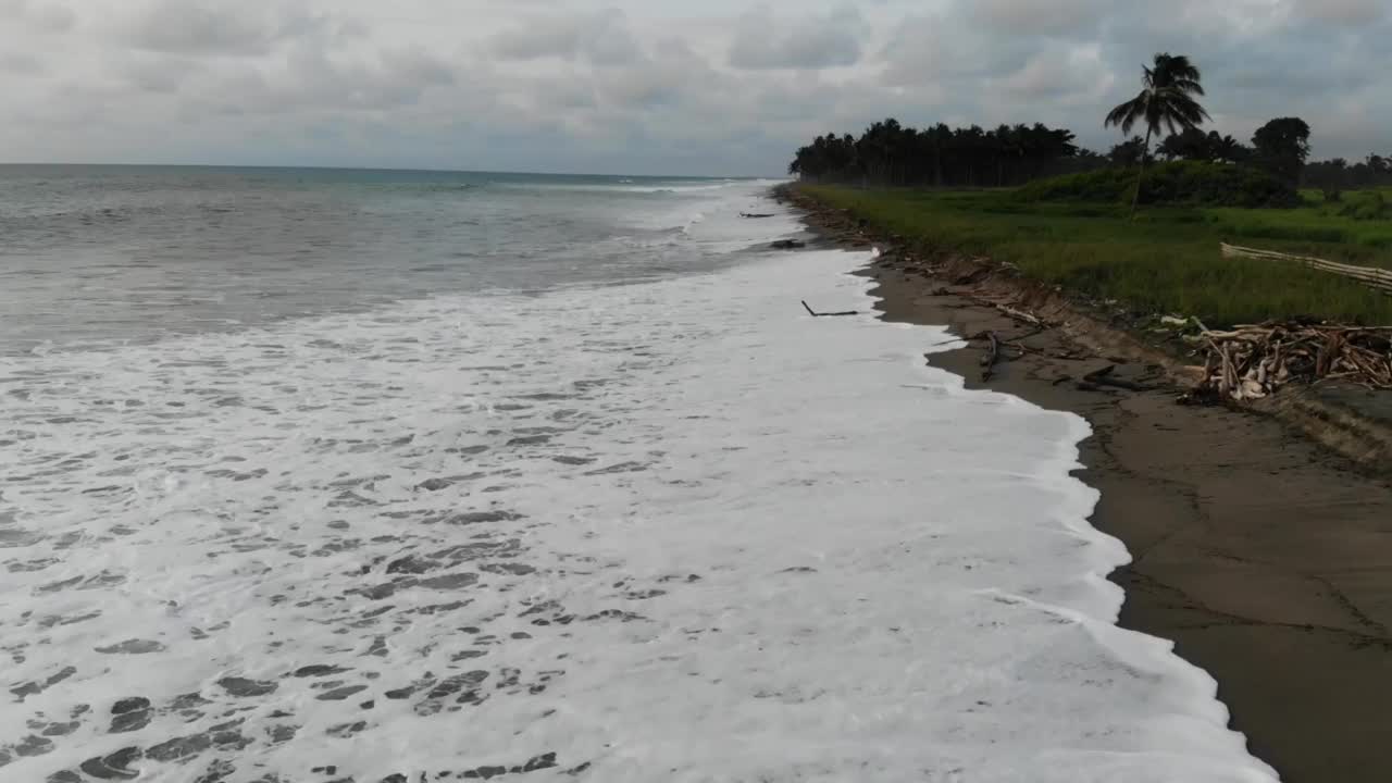 美丽的航拍镜头拍摄了多云天气下的海滩、海浪和森林视频素材