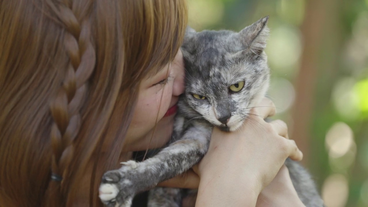 一名亚洲女子揉鼻子，亲吻一只猫。视频素材