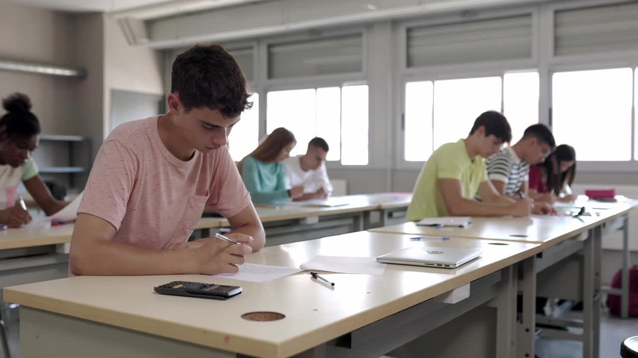 一群在课堂上坐成一排考试的大学生视频素材