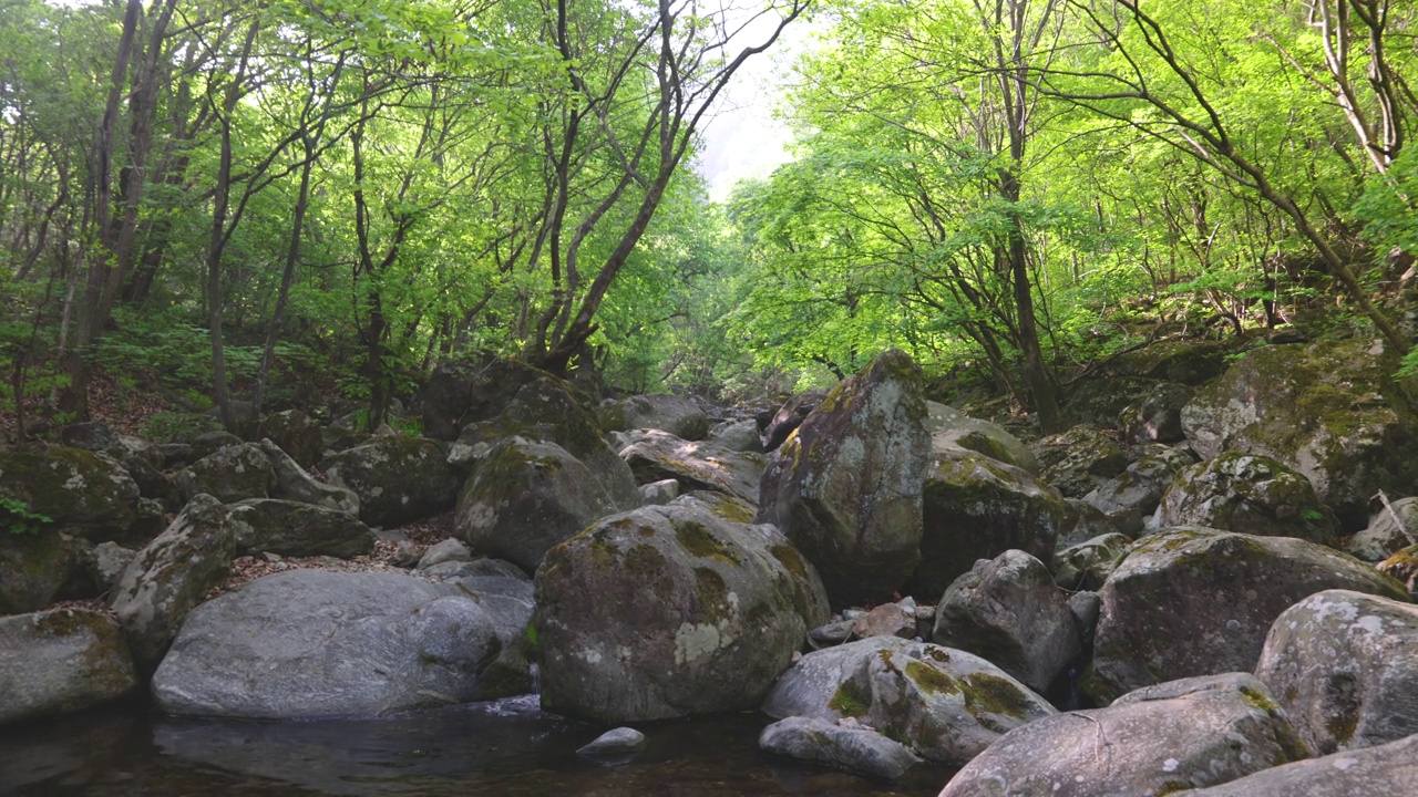 自然风景-山，岩石，树，山谷，水和廷德尔现象/韩国京畿道视频素材