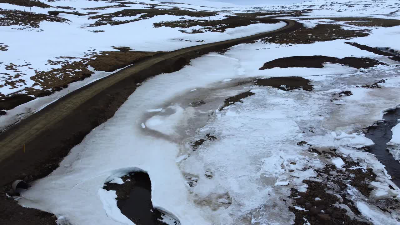 冰岛下雪天，无人机拍摄到一条部分结冰的河流视频素材