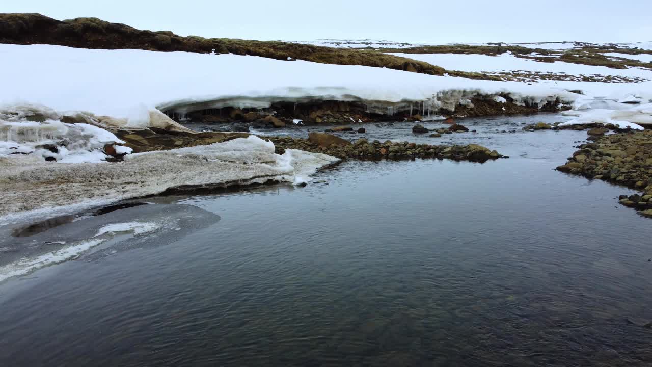 冰岛下雪天，无人机拍摄到一条部分结冰的河流视频素材