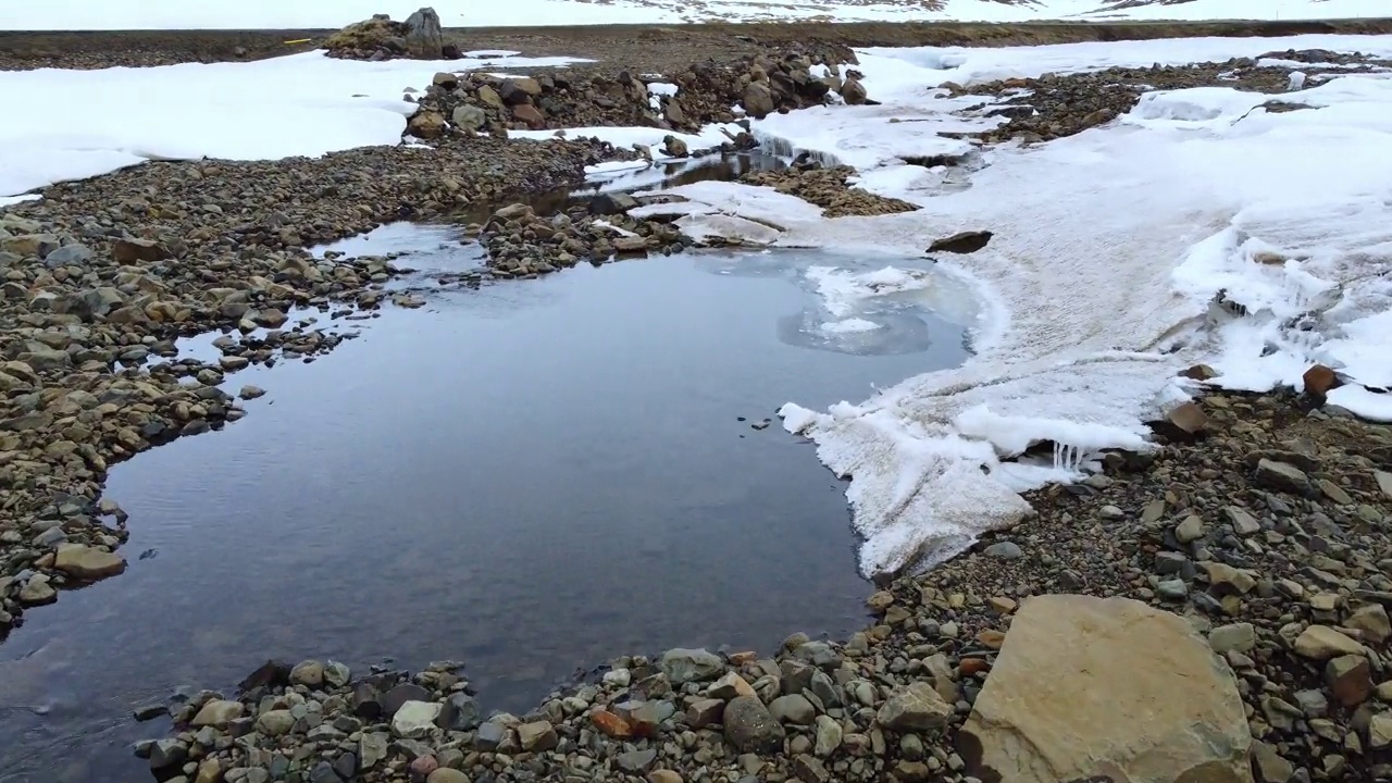 冰岛下雪天，无人机拍摄到一条部分结冰的河流视频素材