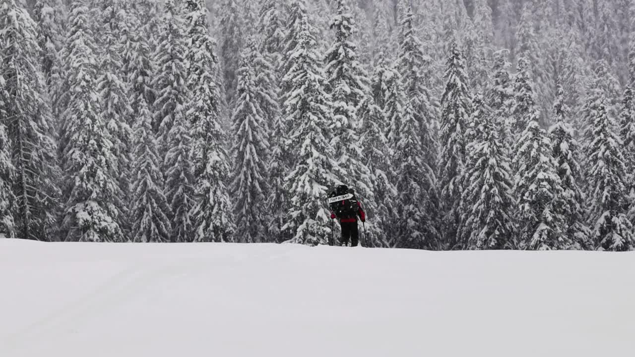 在大雪中，背着背包的徒步旅行者以积雪覆盖的树木为背景视频素材