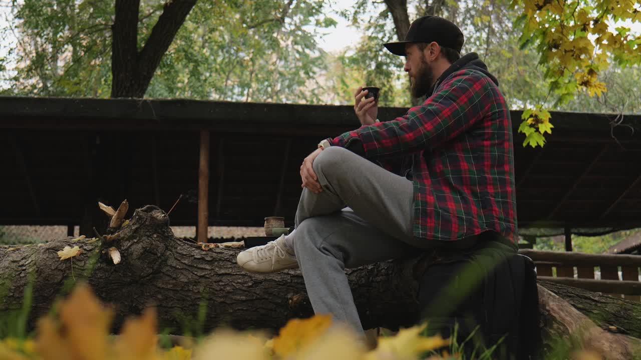 在秋天的公园里，大胡子男子坐在一个木桩上喝茶。户外茶道视频素材