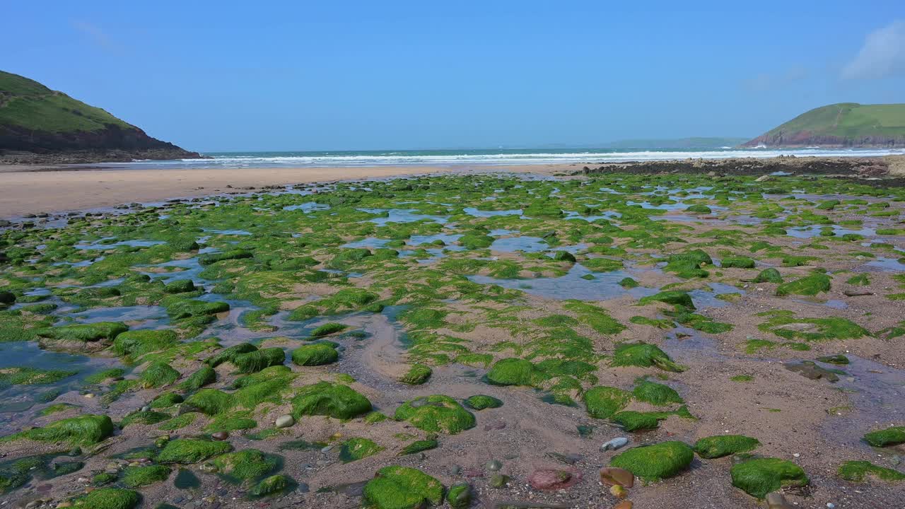 夏天的海岸，英国威尔士彭布罗克郡海岸国家公园的曼诺比尔湾视频素材