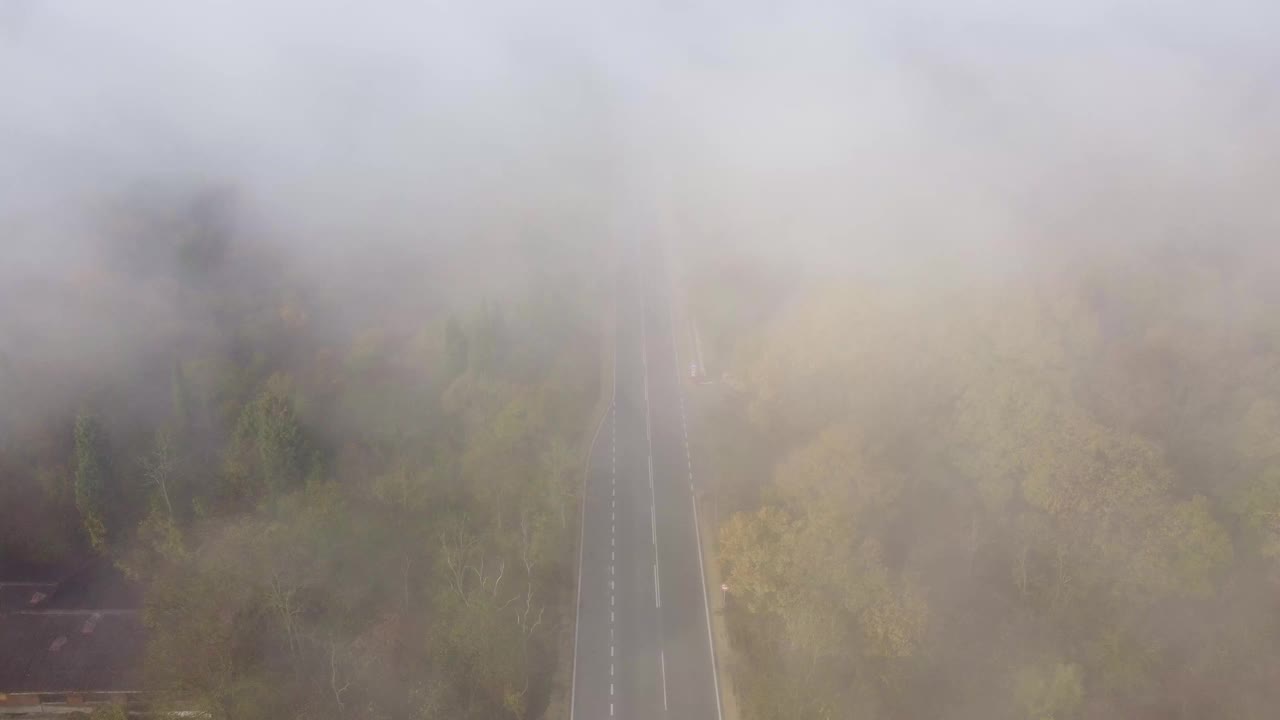 柏油路高速公路在秋雾森林鸟瞰图视频素材