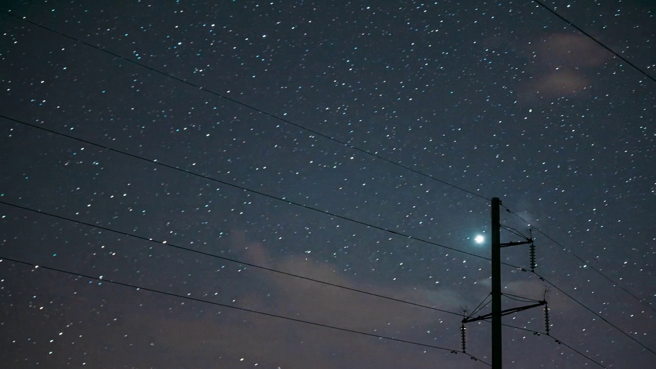 4K夜晚星空与发光的星星和流星轨道痕迹。在星空背景下关闭电线时间推移，时间推移，时间推移视频素材