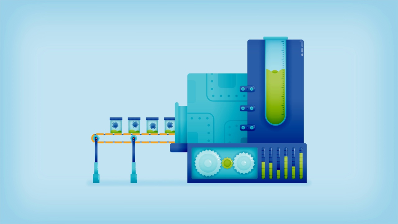 新冠病毒疫苗生产工厂的动画视频，带有生化和制药技术的传送带。用于商业、网络、广告等需求的动画视频素材