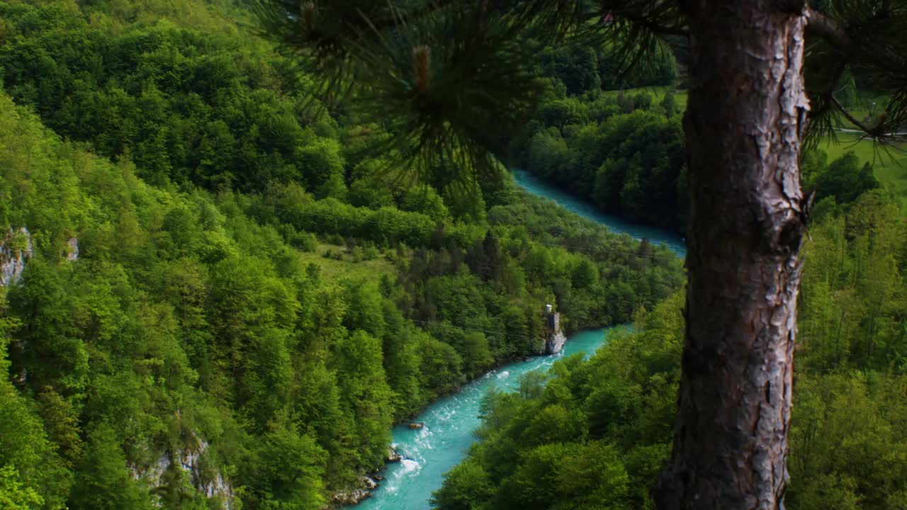 在黑山的塔拉峡谷和塔拉河上观看平静的蓝绿色山河视频素材