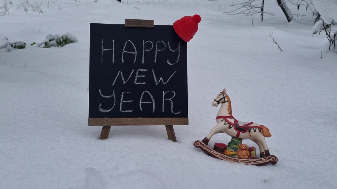 在黑板上写着新年祝福和圣诞装饰，在雪地上放着玩具马和礼物。欢庆节日视频素材