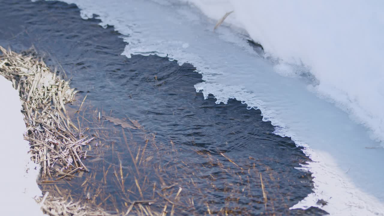 冬雪下纯净的河流。晶莹剔透的水。美丽的风景。视频素材