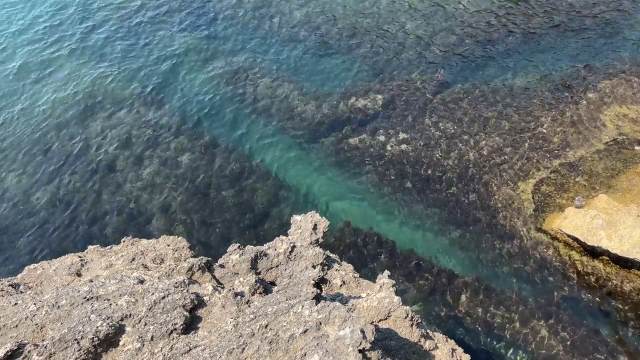 美丽的海水蓝绿色清澈流动的水附近的风景岩石海岸在夏天。视频素材