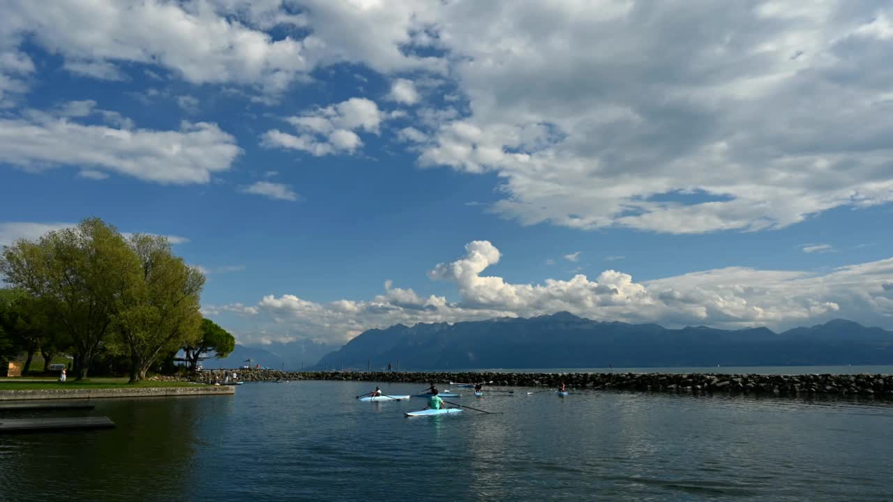 水上赛艇队。日内瓦湖的风景，树，天空和云。时间流逝。视频素材