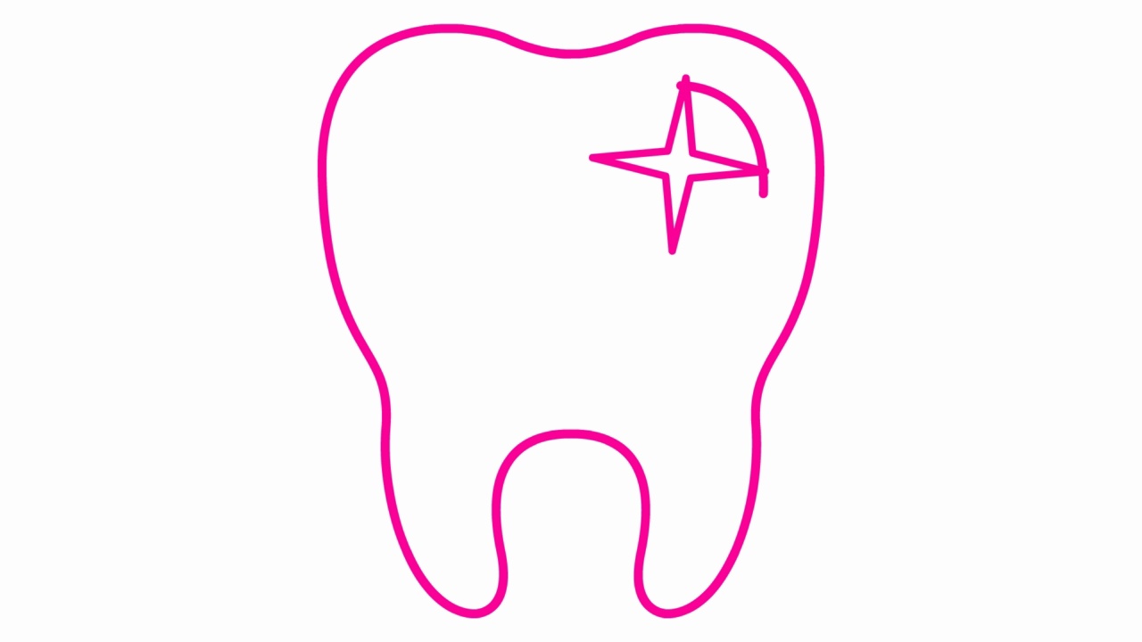 动画的牙齿符号是逐渐绘制的。线性粉红色图标水晶清晰的牙齿。牙科的概念。毛圈的视频。矢量插图孤立在白色背景上。视频素材