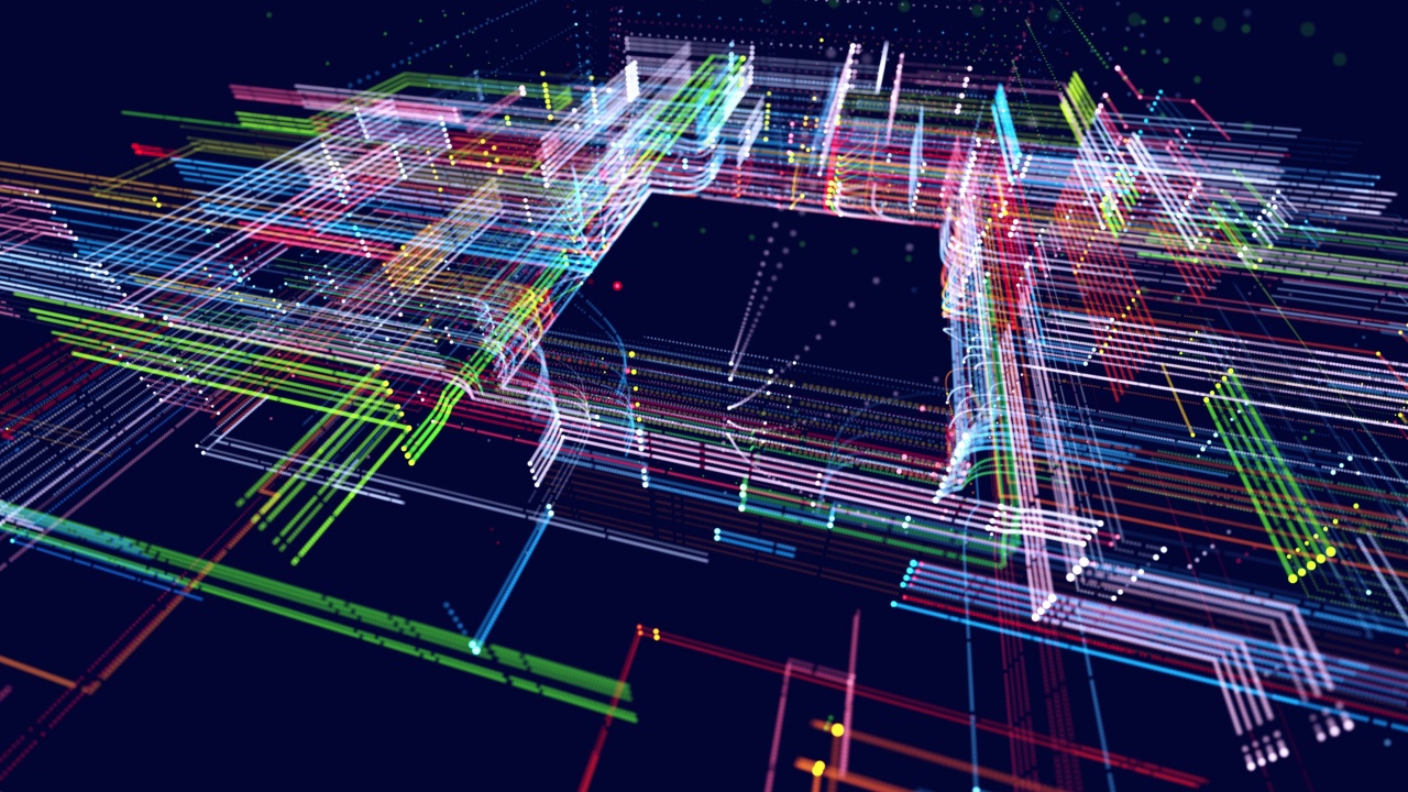 彩色线条构成具有复制空间的全息图信息块，人工智能构造光网格，信息概念线和节点。大数据领域。高科技信息技术。Vj环文摘科幻bg视频素材