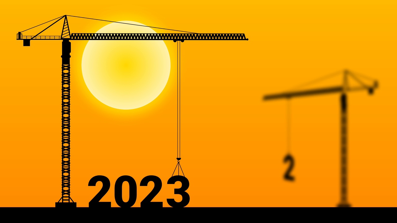 2023镜头动画在日出时间与模糊起重机与2022。视频素材