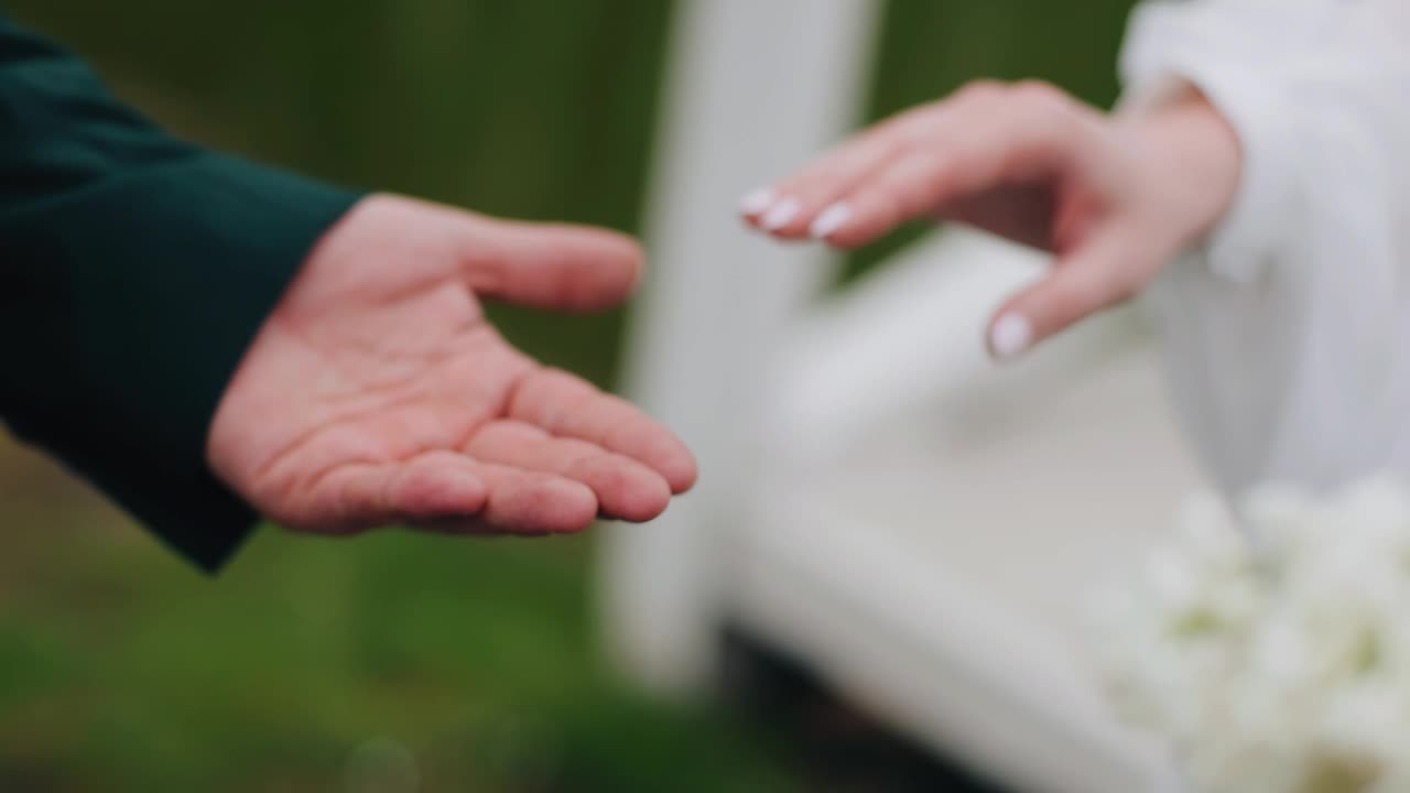 女孩把她的手掌放在她男人的手上。大自然的美丽照片视频素材