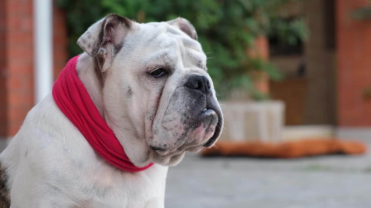 夏天，一只戴着红色绷带项圈的英国斗牛犬坐在院子里环顾四周，看守着房子。在户外。宠物的概念视频素材