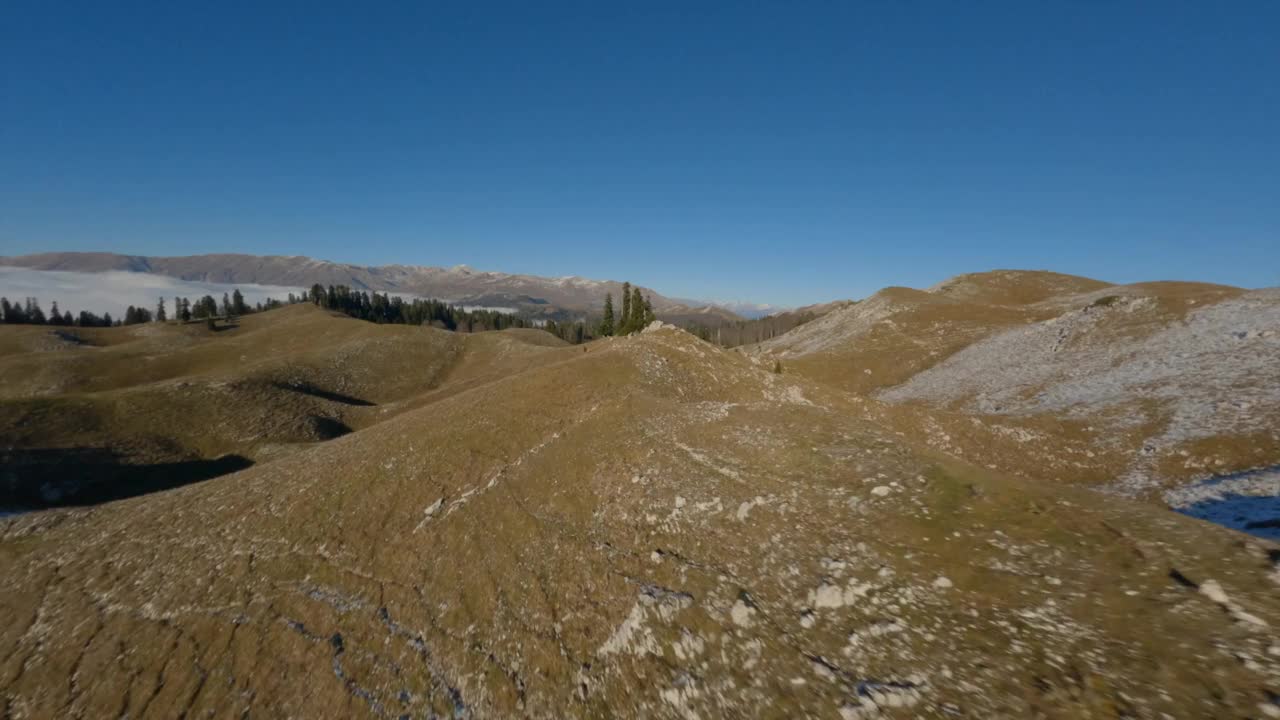 上面的全景拍摄运动FPV无人机飞行岩石地区飞行之间的冷杉树视频素材