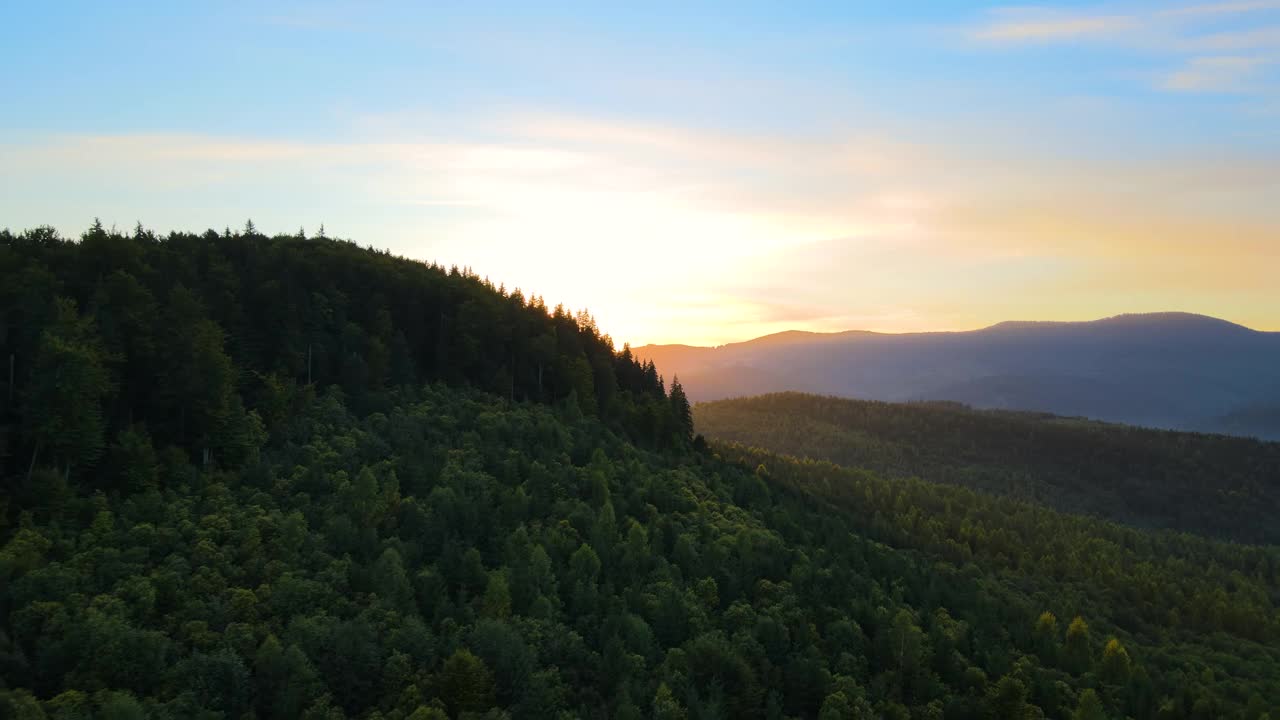 秋天日出时，鸟瞰令人惊叹的景色，黑暗的小山被森林松树覆盖。黎明时分美丽的野生林地视频素材