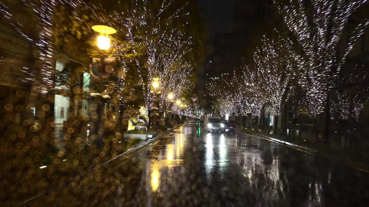 在雨夜开车。东京丸之内的圣诞灯饰视频素材