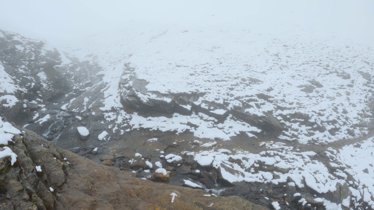 在印度喜马偕尔邦的马纳里，河流在降雪期间流动。冬天的降雪。大雪期间瀑布的景色。冬天的背景。视频素材