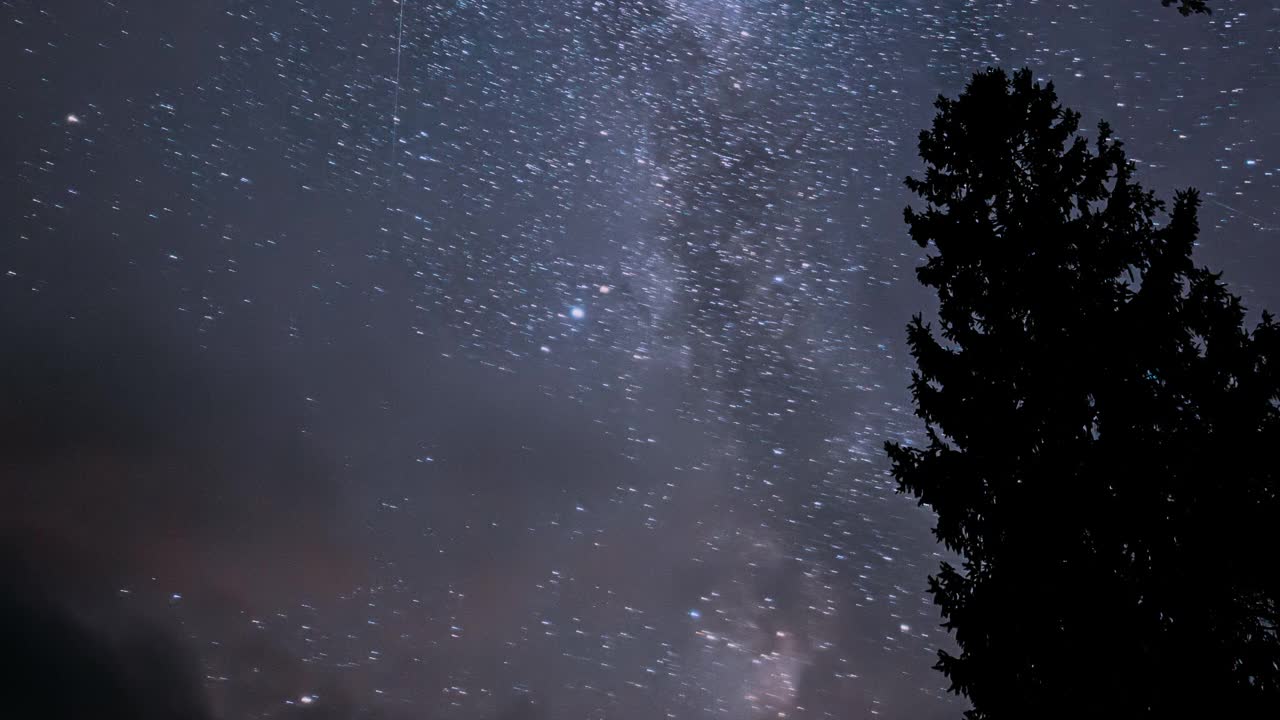 宇宙概念。4k超缩。天空中惊人的星迹。夜晚星空与发光的星星轨迹和树上的流星轨迹。旋转夜空背景。时间流逝，时间流逝，时间流逝视频素材