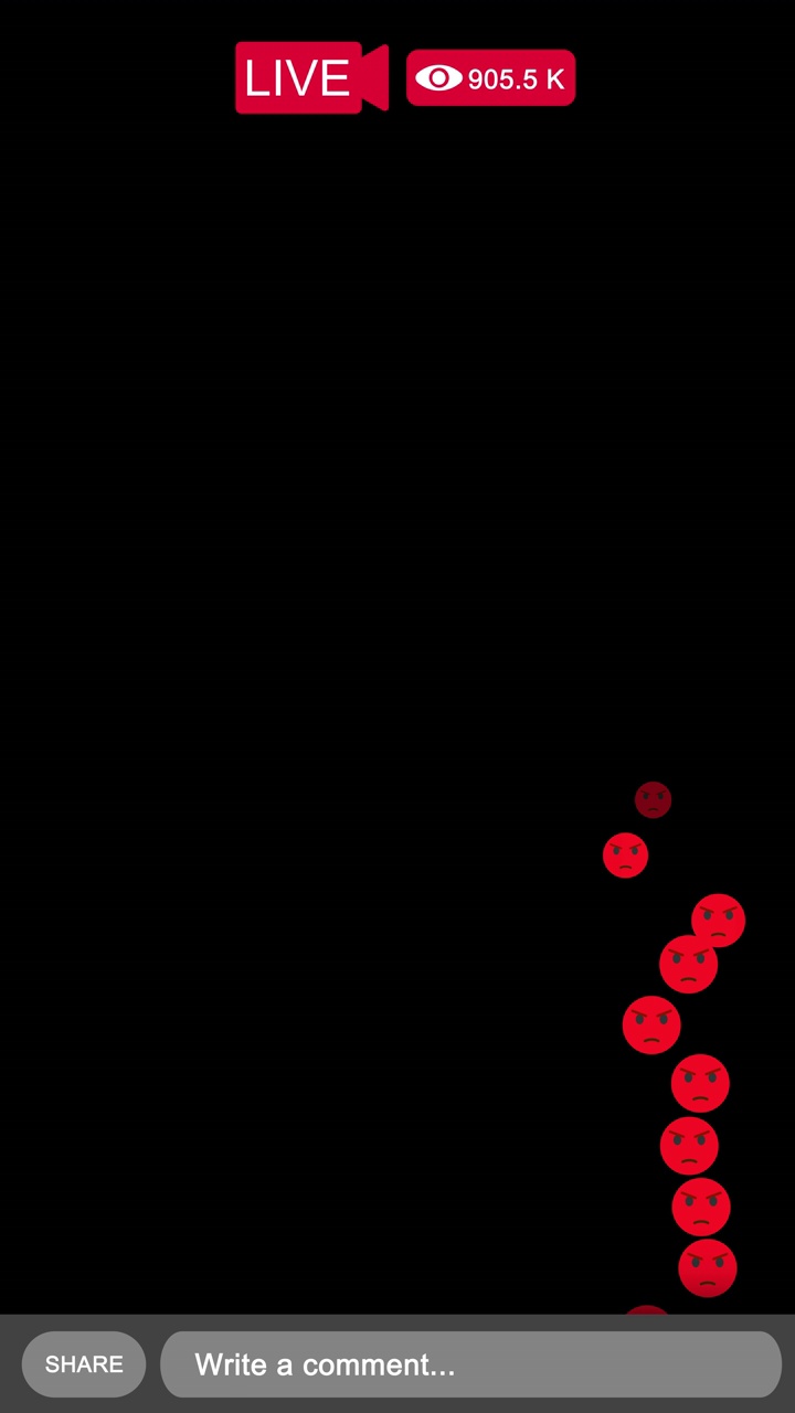 社交媒体直播，视频观看量增加，表情符号愤怒反应图标从屏幕底部到透明背景(alpha通道)视频素材