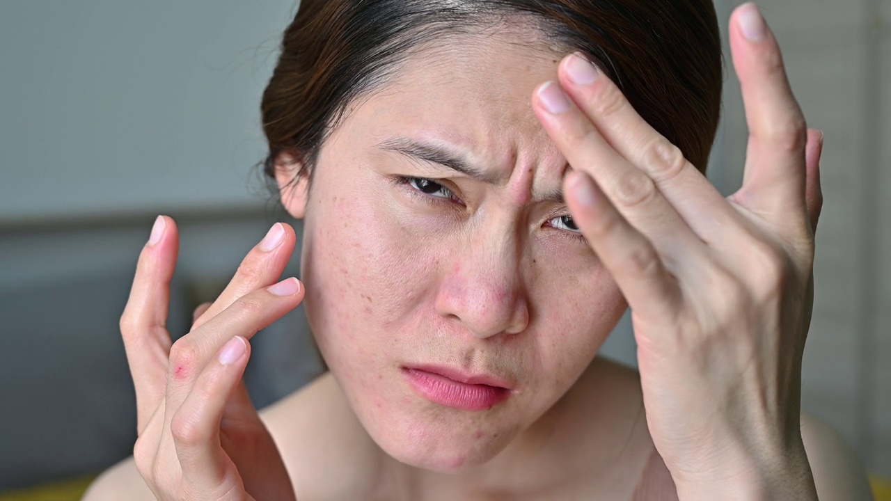 亚洲女性担心自己的脸，却看到脸上出现痤疮和皱纹。视频素材