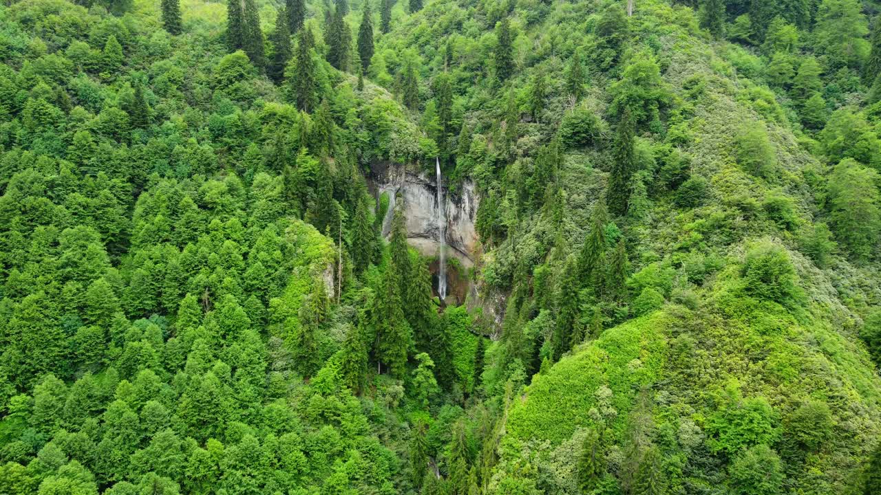 自然瀑布山绿林清晨神奇景观树木，鸟瞰4k视频素材