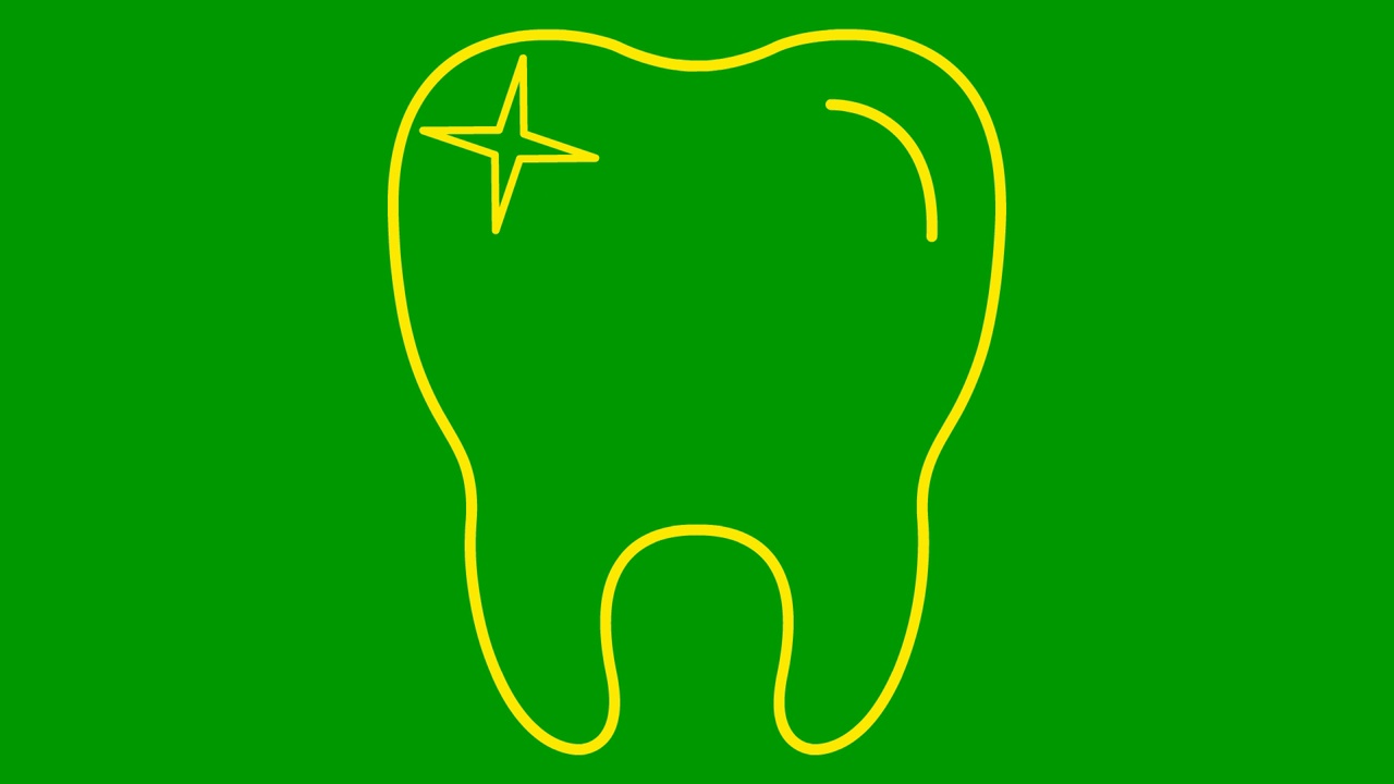 动画的牙齿符号是逐渐绘制的。线性黄色图标水晶清晰的牙齿。牙科的概念。毛圈的视频。矢量插图孤立在绿色背景上。视频素材