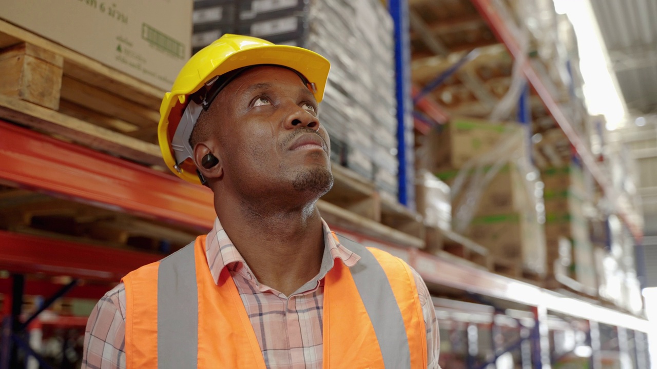 confident African American worker is ยืนมอง inside a warehouse. concept of distribution, storage, transport, logistics视频素材