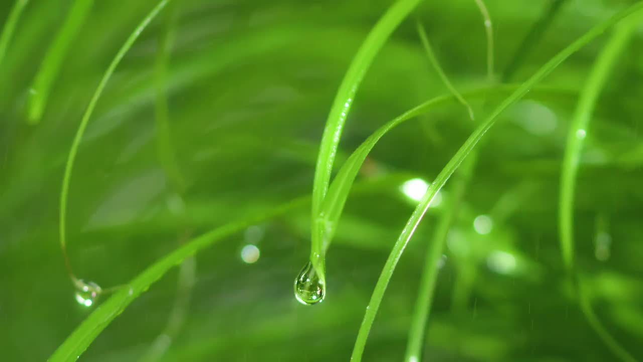 雨滴从薄薄的绿色草叶上落下视频下载