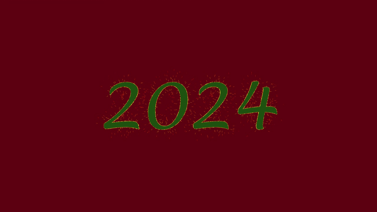 绿色铭文2024与金色火花在红色背景洋红色万岁与阿尔法频道。年度流行色。圣诞节和新年的概念。节日的背景。4 k。三维动画视频素材