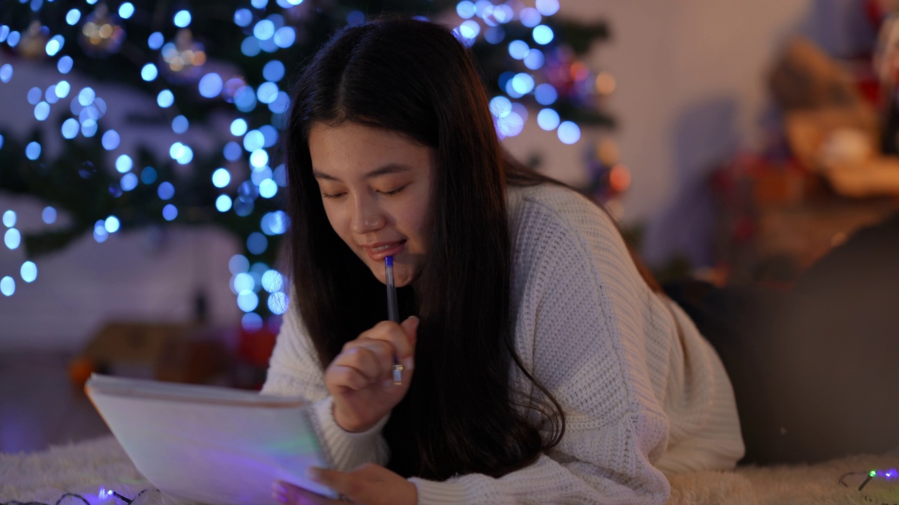 微笑迷人的亚洲妇女写信给圣诞老人的肖像躺在圣诞灯的背景室内。快乐自信的千禧女士希望在新年前夜出现奇迹。视频素材