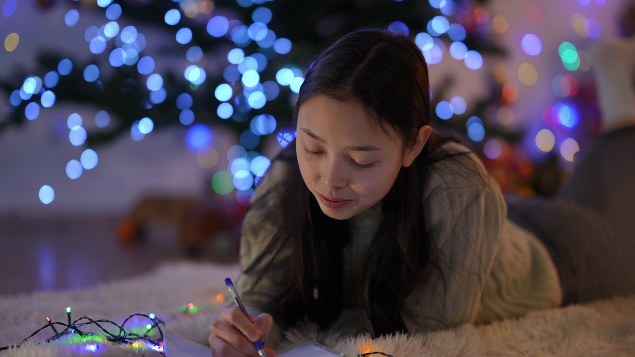 年轻迷人的亚洲苗条的女人带着牙套写信给圣诞老人躺在客厅的圣诞灯的背景。正面快乐的女士肖像，微笑着在新年许下愿望。视频素材