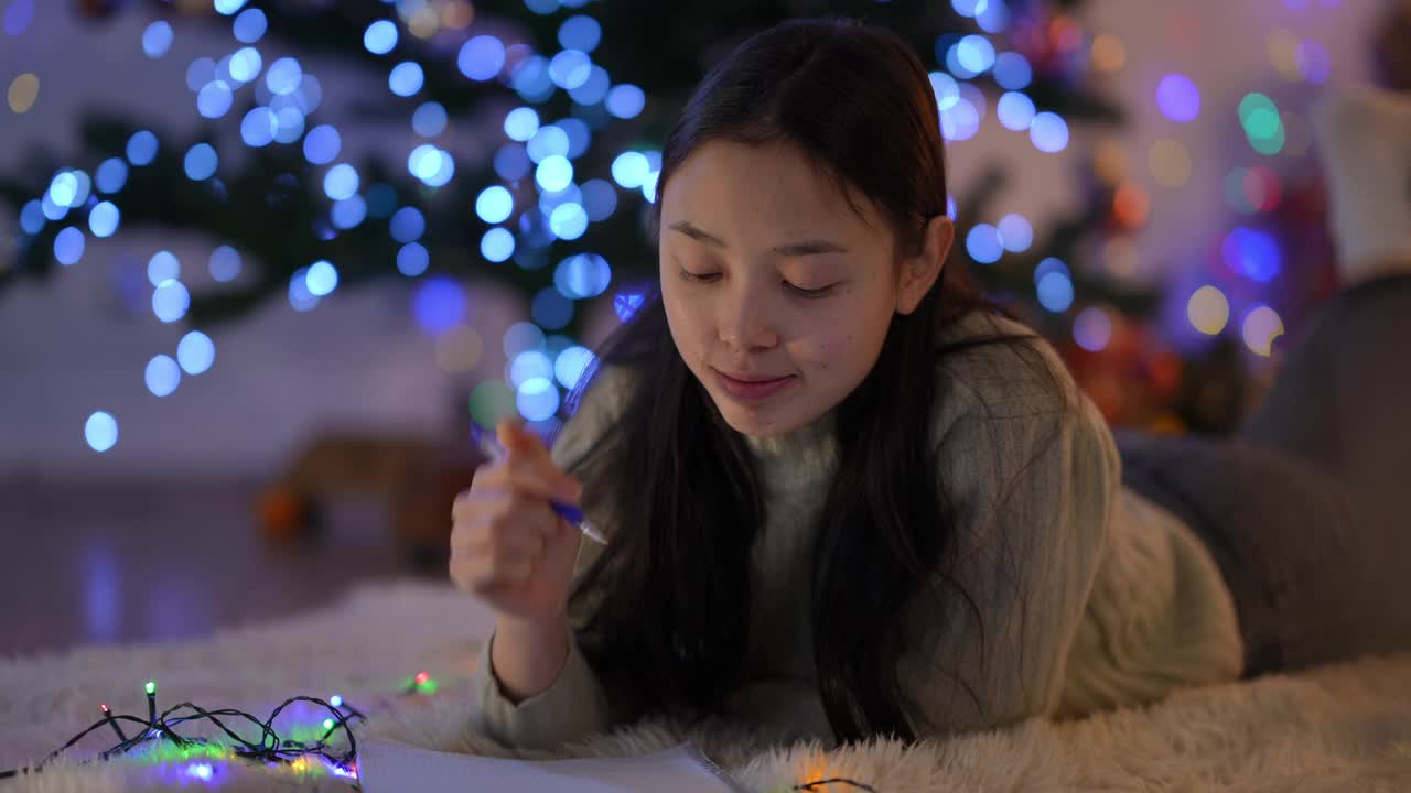 有思想的有吸引力的苗条的亚洲女人带牙套写信给圣诞老人在平安夜室内。正面的微笑女士的肖像，希望在新的一年奇迹。视频素材